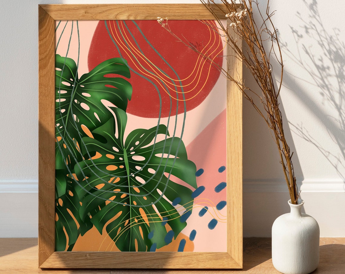 Monstera Deliciosa Art Print Red Sun Line Art Blush Pink Background