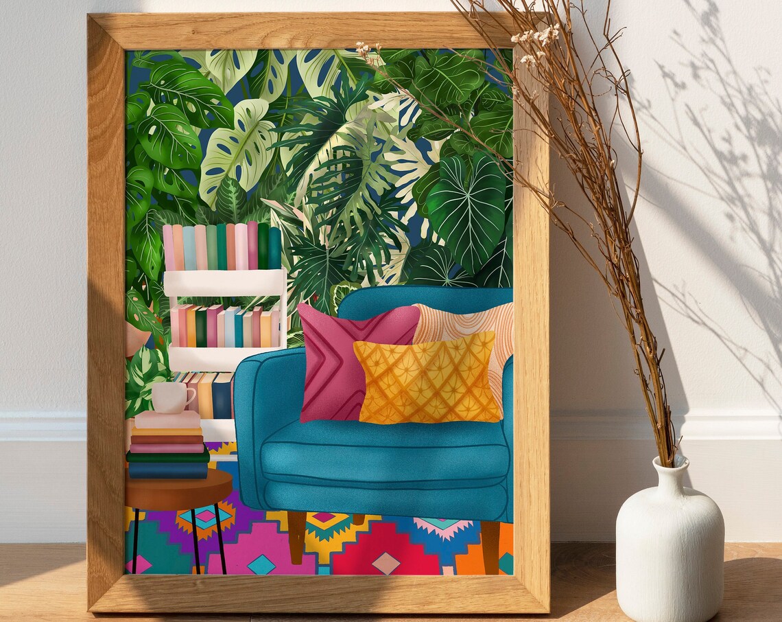 Reading Nook with Teal Armchair and Monstera Leaf Wall Poster - Image 2