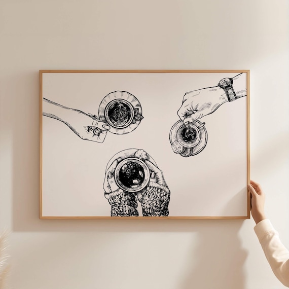 Hands Holding Coffee Cups Top-Down Sketch Art Kitchen Decor Poster