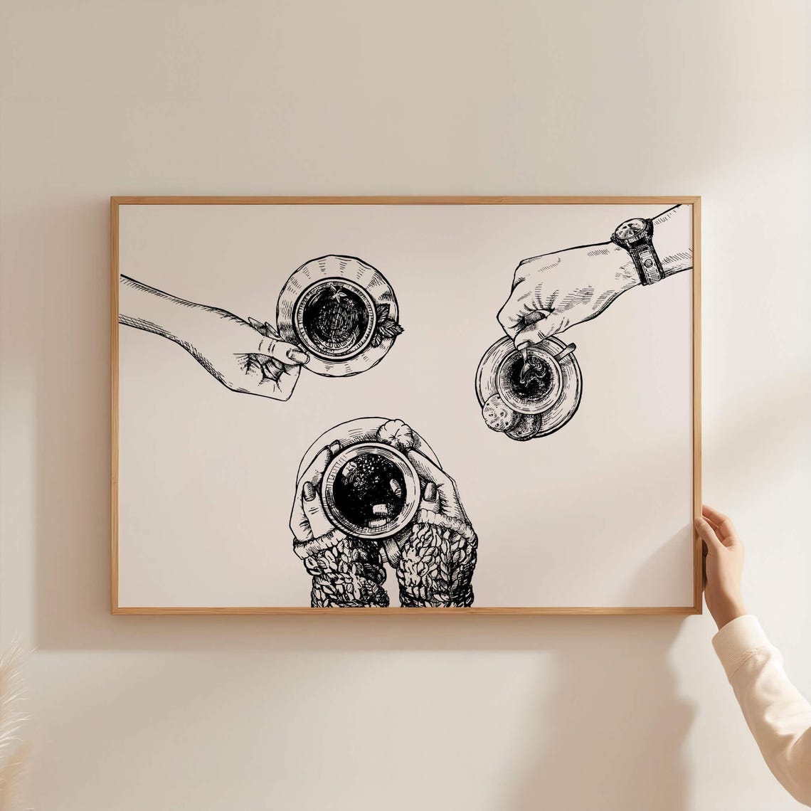 Hands Holding Coffee Cups Top-Down Sketch Art Kitchen Decor Poster