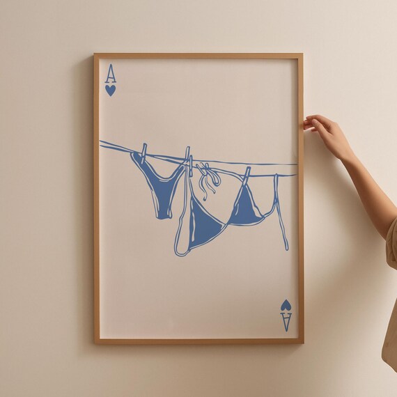 Blue Bikini on Clothesline Ace of Hearts Coastal Playing Card Print
