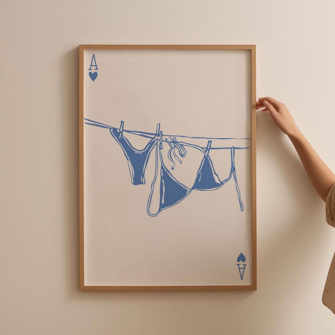 Blue Bikini on Clothesline Ace of Hearts Coastal Playing Card Print