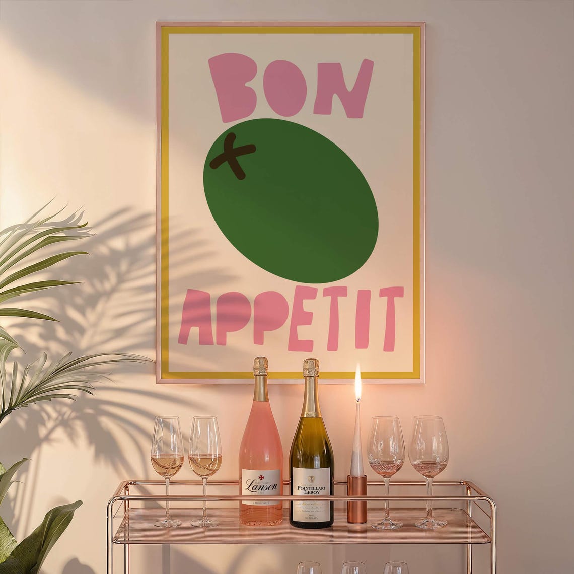 Bon Appetit Olive Kitchen Poster Pink Green Retro Food Wall Decor - Image 2