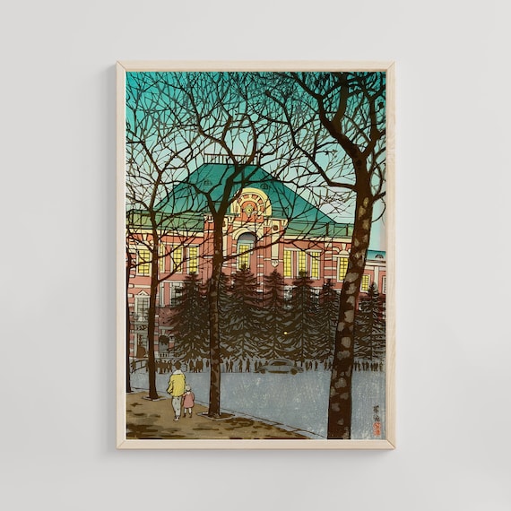 Tokyo Station Winter Twilight Bare Winter Trees Woodblock Poster