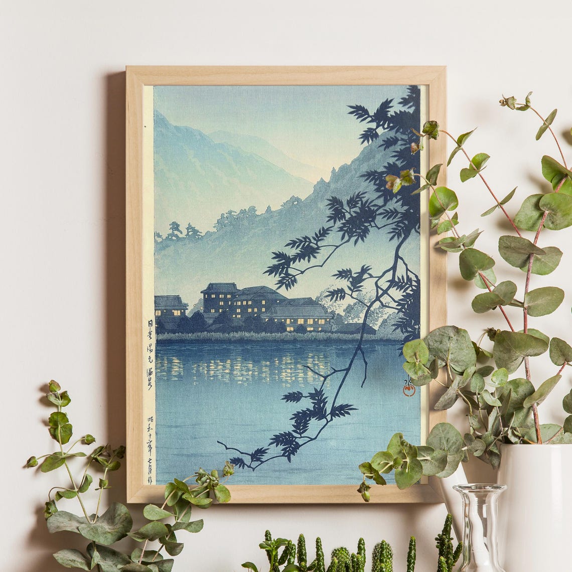 Kawase Hasui Nikko Yumoto Onsen Night Lights Lakeside Art Poster