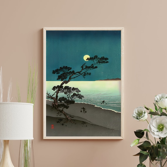 Moon Over Suma Beach Arai Yoshimune Night Woodblock Seascape Poster