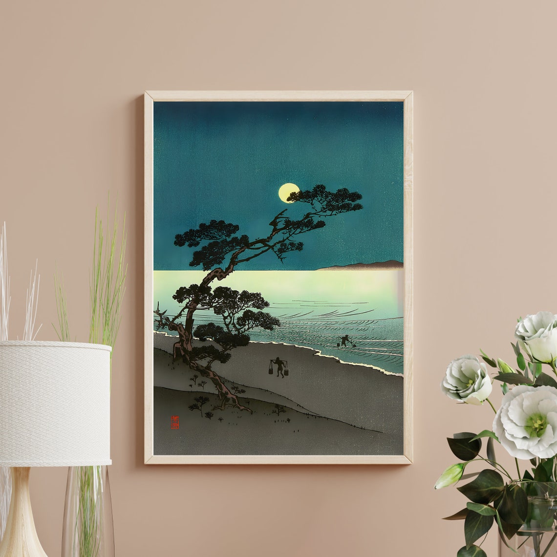 Moon Over Suma Beach Arai Yoshimune Night Woodblock Seascape Poster