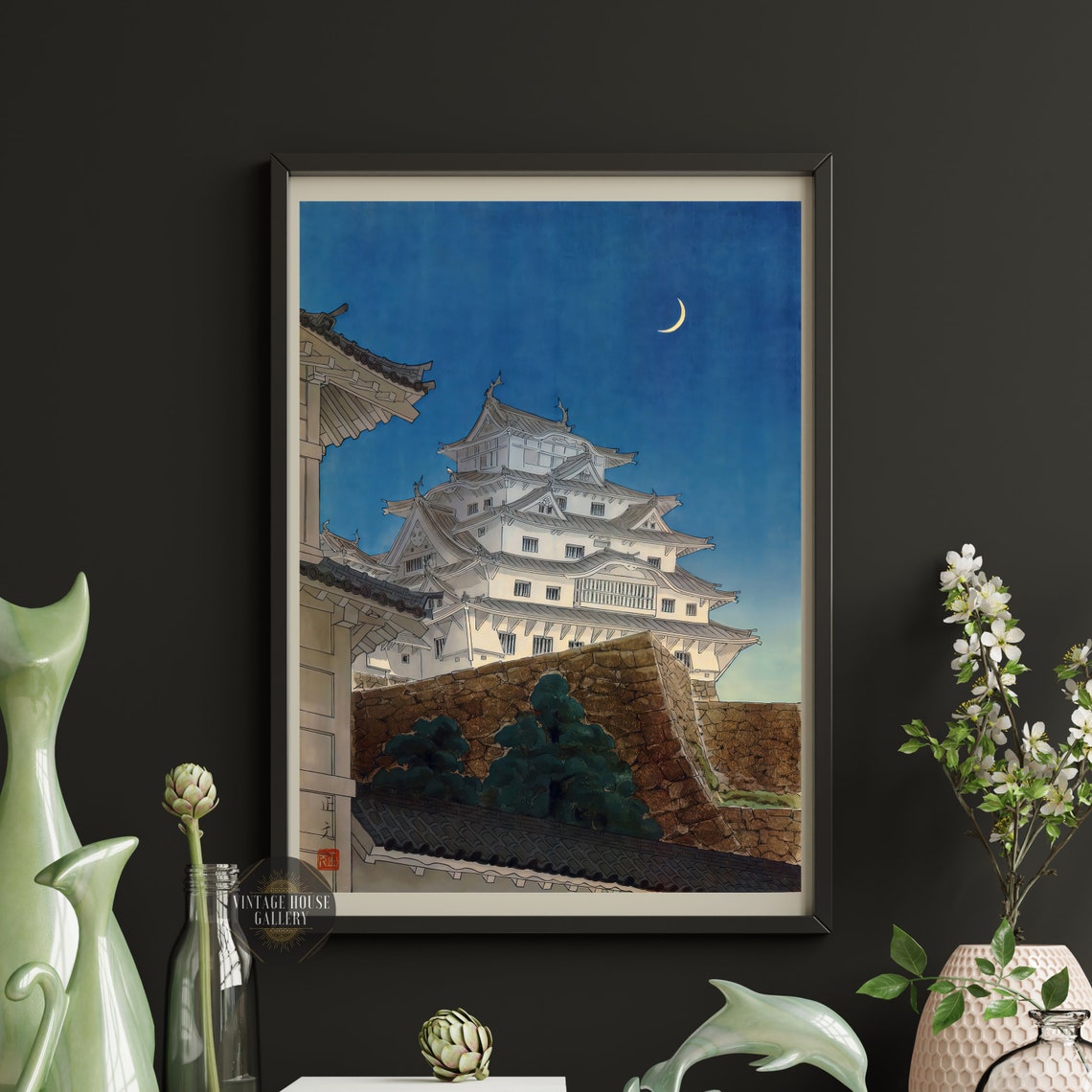 Himeji Castle Under Crescent Moon Night Japanese Woodblock Poster