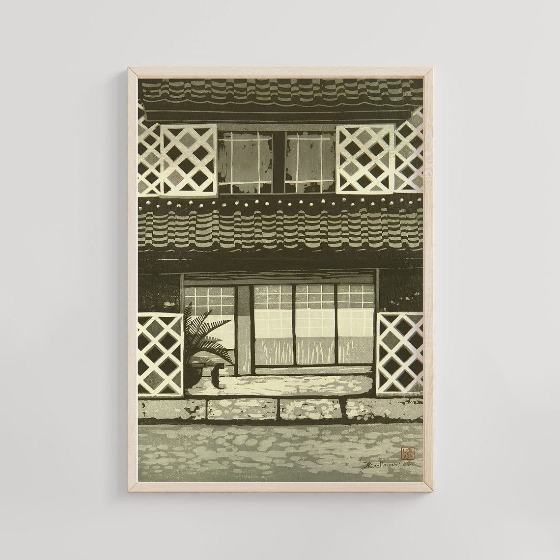Shiro Kasamatsu Monochrome Townhouse Lattice Windows Japanese Poster