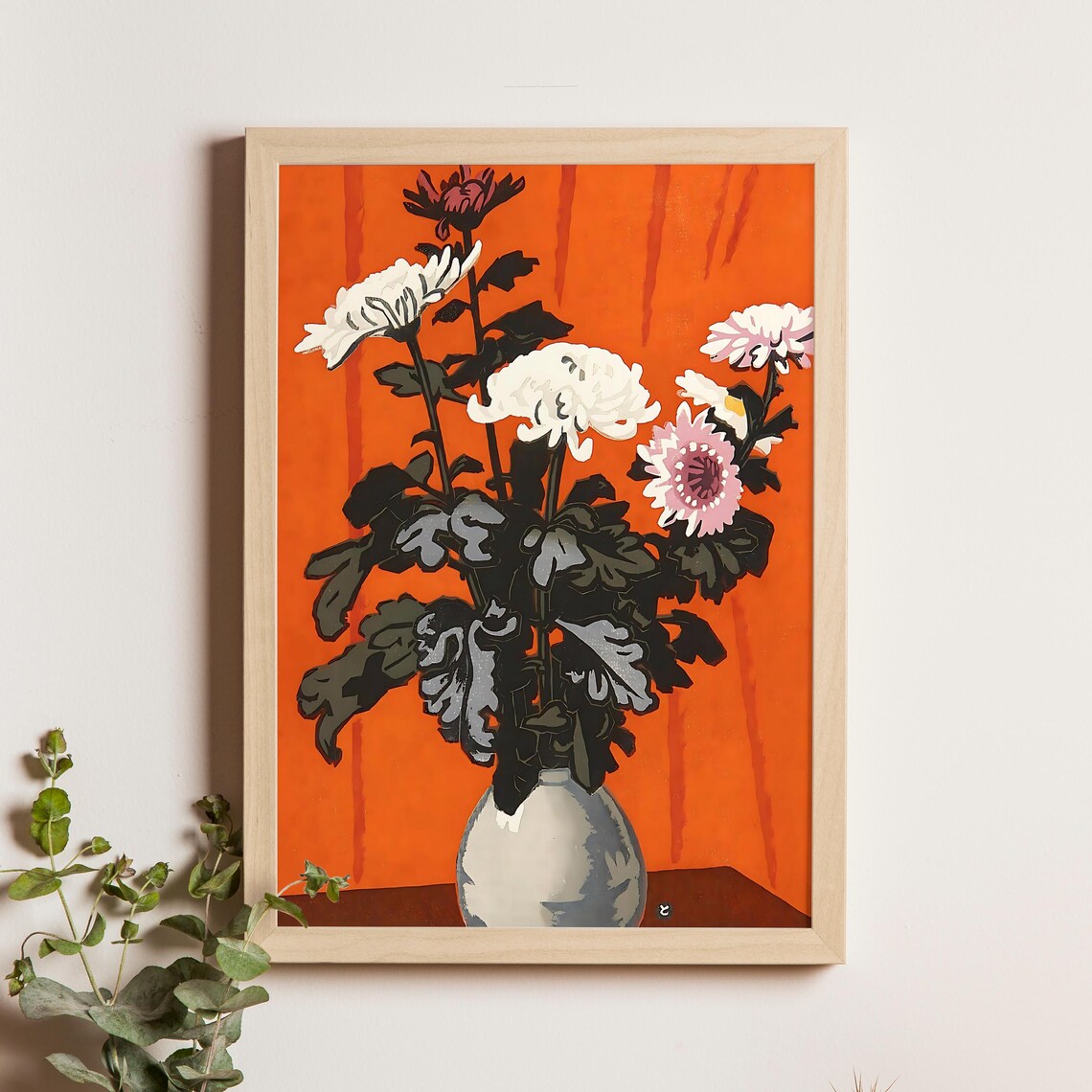 Inagaki Tomoo White Chrysanthemums in Vase on Orange Ground Poster
