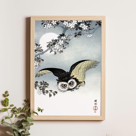 Scops Owl, Cherry Blossoms and Moon, Woodblock Print