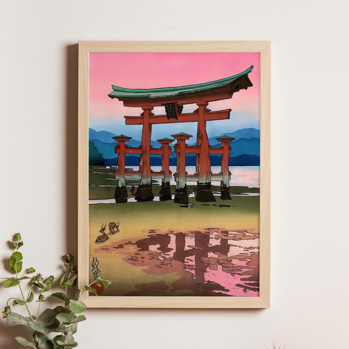 Miyajima Torii Gate Sunset Paul Binnie Red Shrine Woodblock Poster
