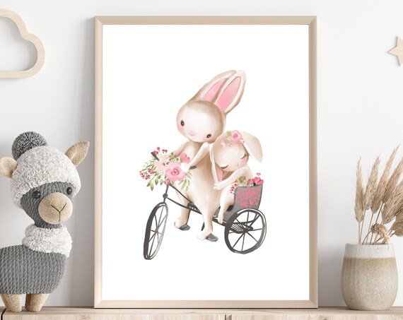 Mama And Baby Bunny Flower Tricycle Ride Watercolor Nursery Poster