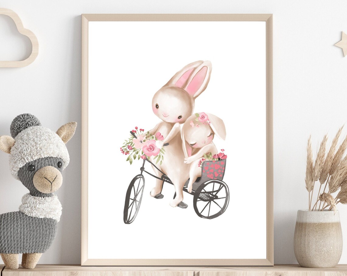 Mama And Baby Bunny Flower Tricycle Ride Watercolor Nursery Poster