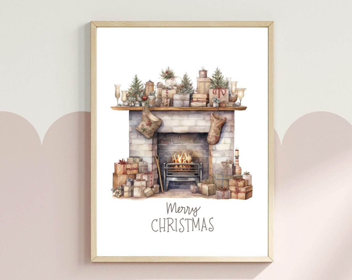 Rustic Fireplace With Stockings Merry Christmas Watercolor Poster