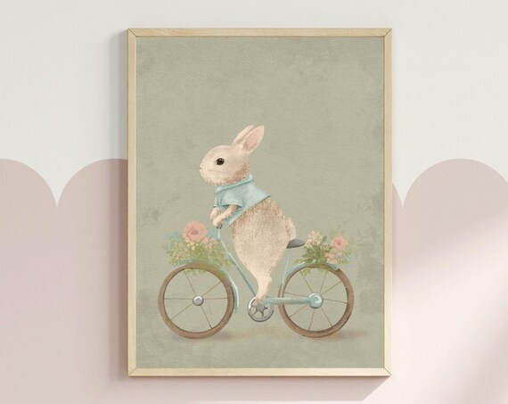 Vintage Bunny Rabbit Riding Bicycle With Flower Baskets Poster
