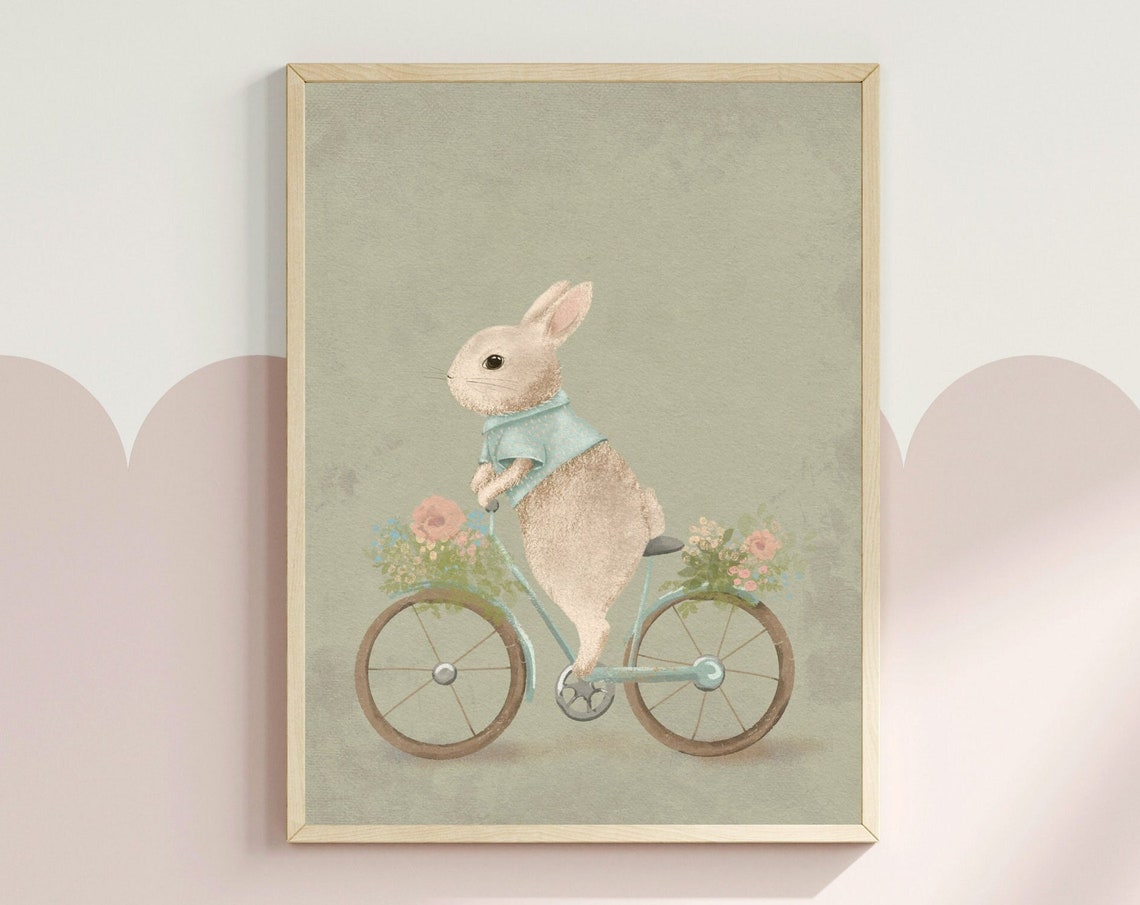 Vintage Bunny Rabbit Riding Bicycle With Flower Baskets Poster