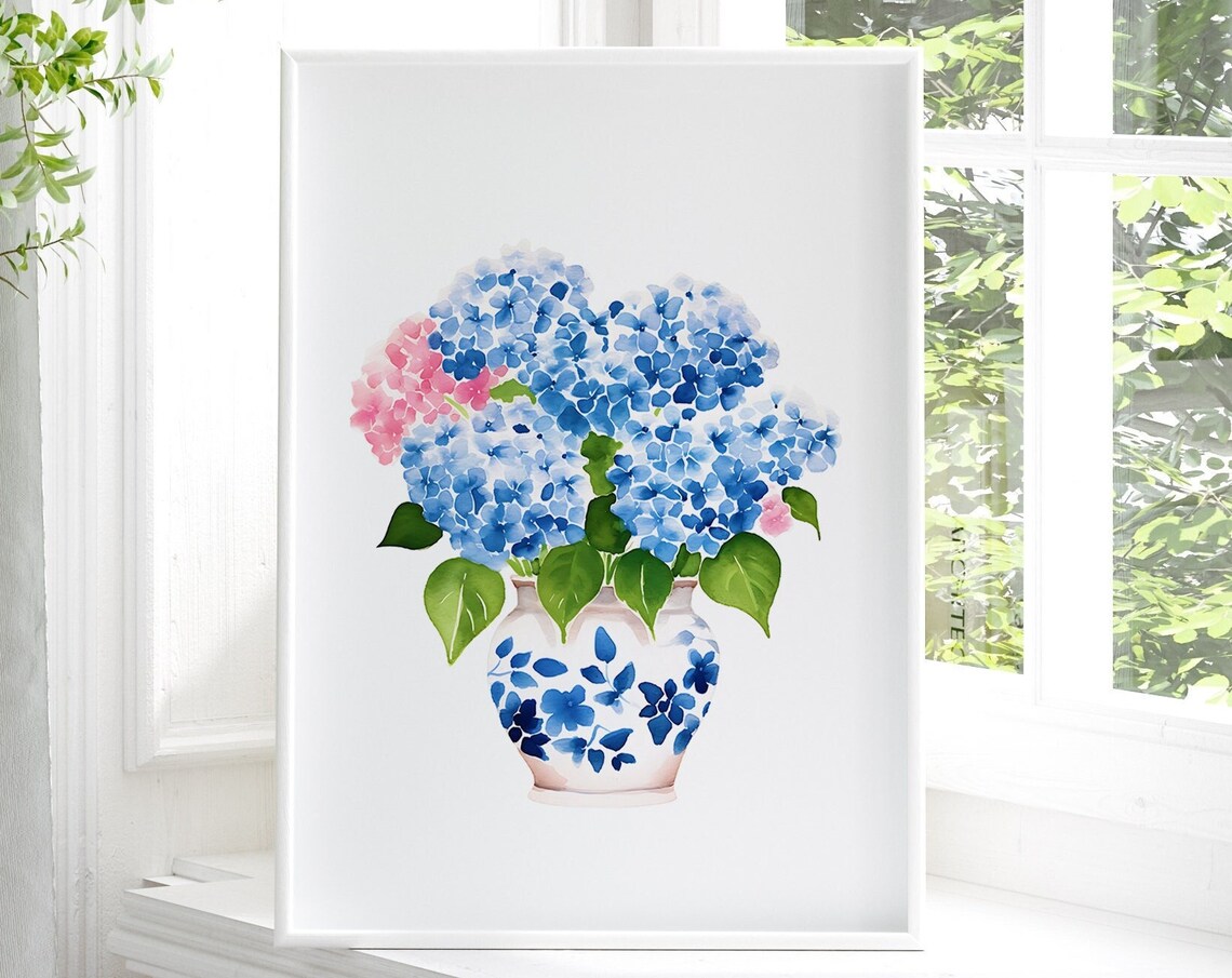 Hydrangea Print, Delft Blue Vase Floral Art Print - Image 2