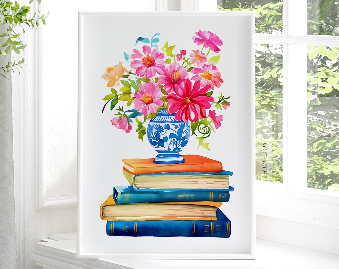 Bouquet On Stack Of Books Watercolor Art Print - Image 2