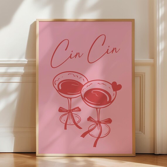Cin Cin Pink Wine Glasses Retro Cocktail Poster With Bow Details
