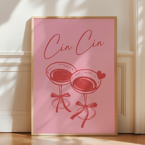 Cin Print Retro Cocktail Poster Bar Cart Decor Pink Red Wine Girly Wall Art Cute Valentines Day