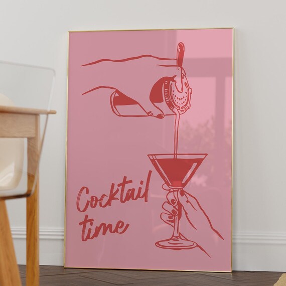 Cocktail Time Pink Retro Martini Pour Bar Cart Illustration Poster