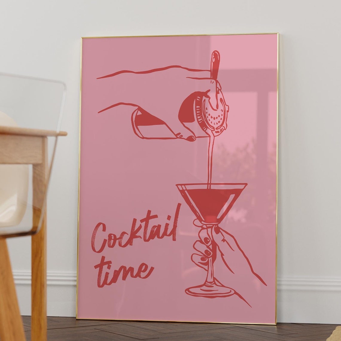 Cocktail Time Pink Retro Martini Pour Bar Cart Illustration Poster