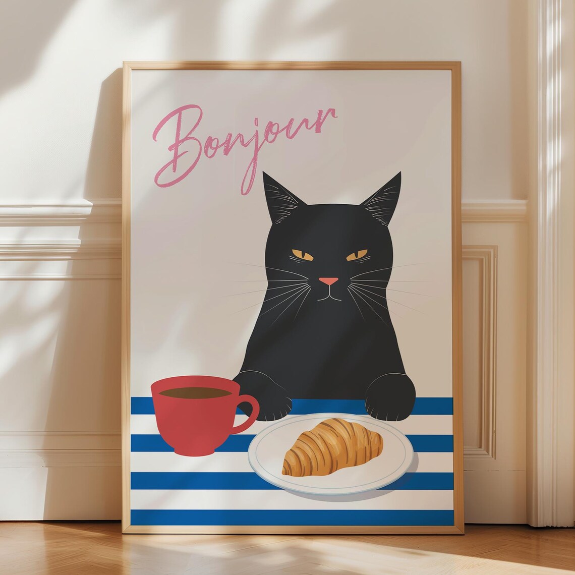 Bonjour Black Cat With French Coffee Croissant Cafe Kitchen Print