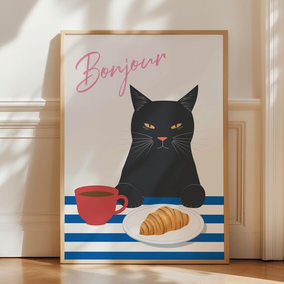 Bonjour Black Cat With French Coffee Croissant Cafe Kitchen Print