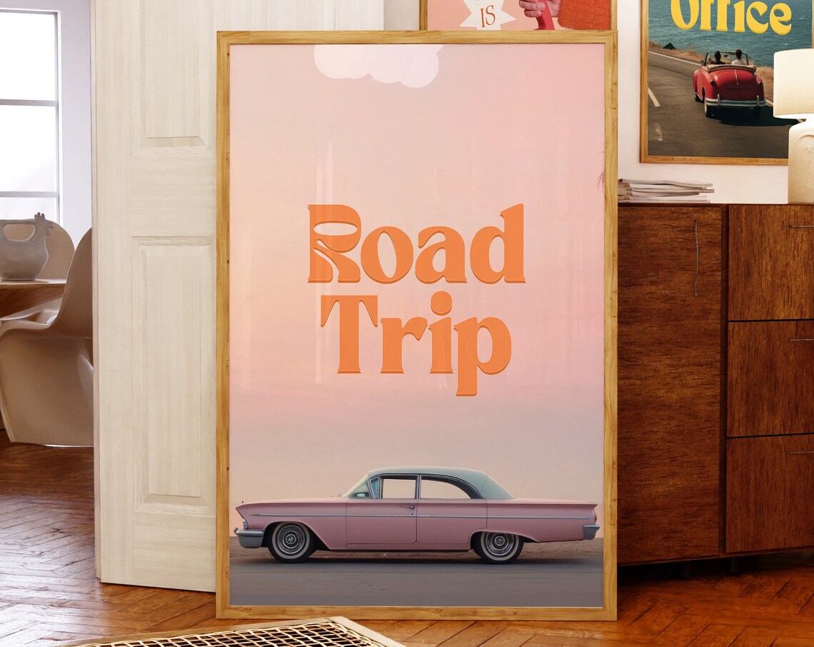 Road Trip Print Retro Aesthetic Art Vintage Vacation Poster Retro Travel Art Classic Car Print Aesthetic Decor Vintage Travel Art - Image 2