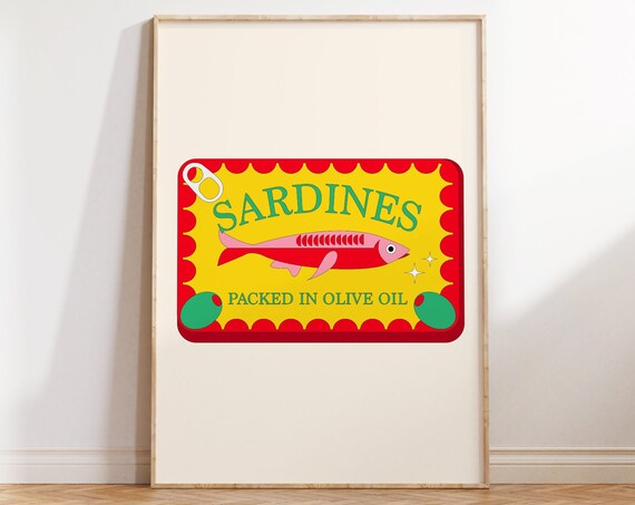 Sardines Print Retro Sardine Tin Print Canned Fish Print Retro Food Poster Retro Kitchen Wall Art Seafood Art Print Tinned Fish Print