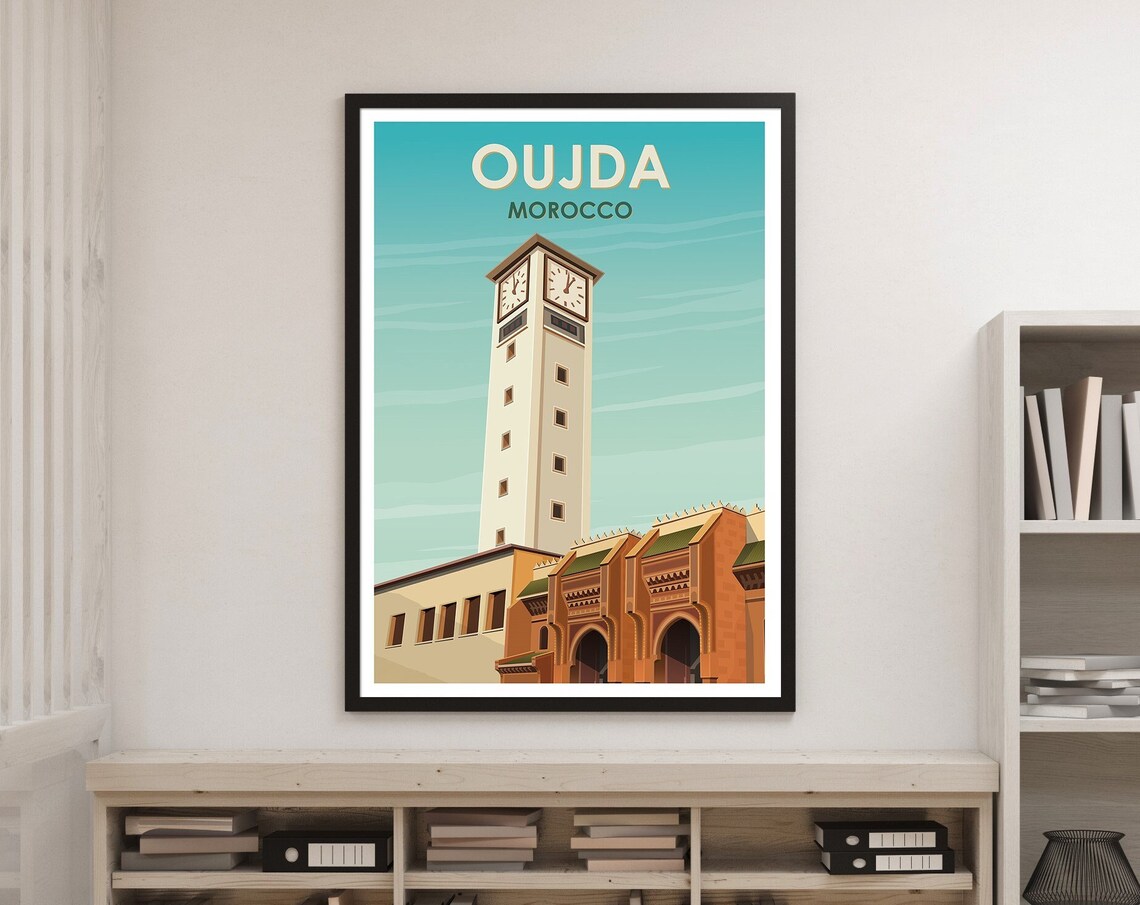 Oujda Morocco Clock Tower Vintage Travel Poster Green Arches Art