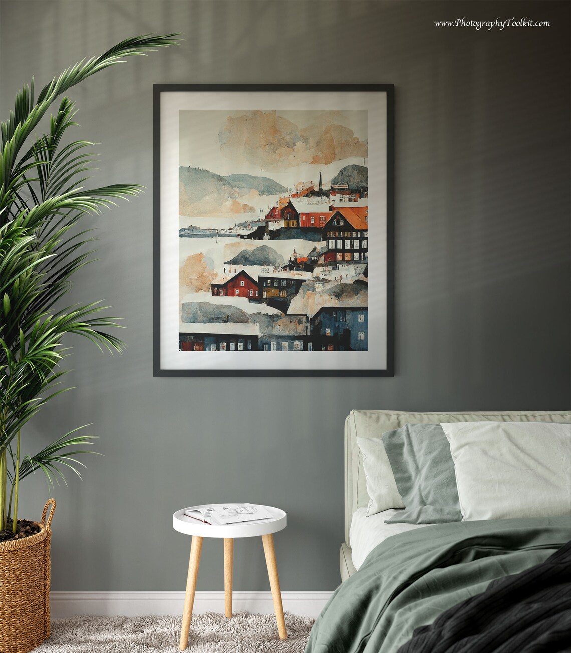 Bergen Norway Harbor Snowy Red Houses Watercolor Travel Poster - Image 3