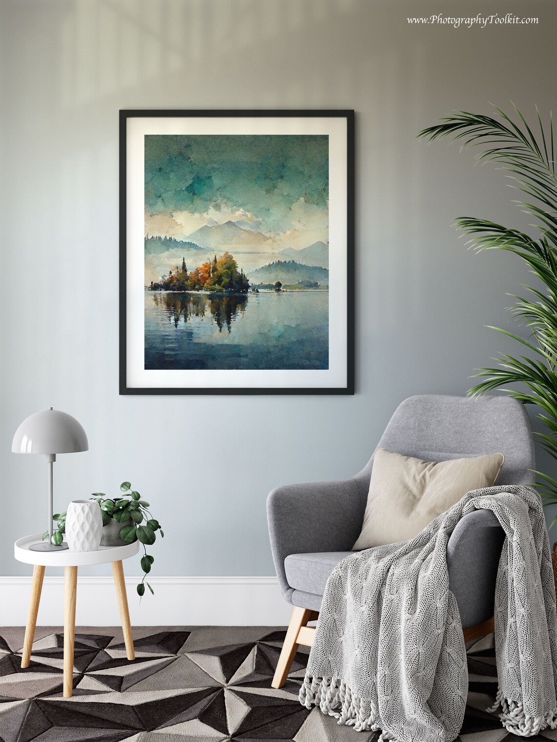 Autumn Lake Island Watercolor Golden Trees Mountain Reflection Poster - Image 6