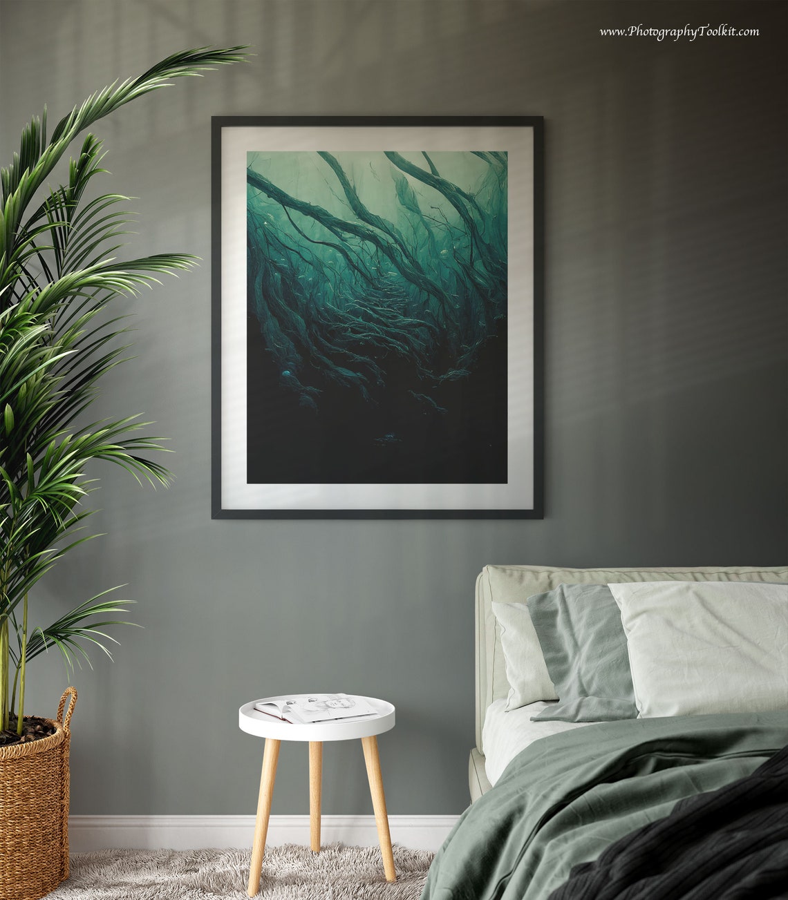 Dark Underwater Kelp Forest Moody Teal Abstract Ocean Art Poster - Image 3