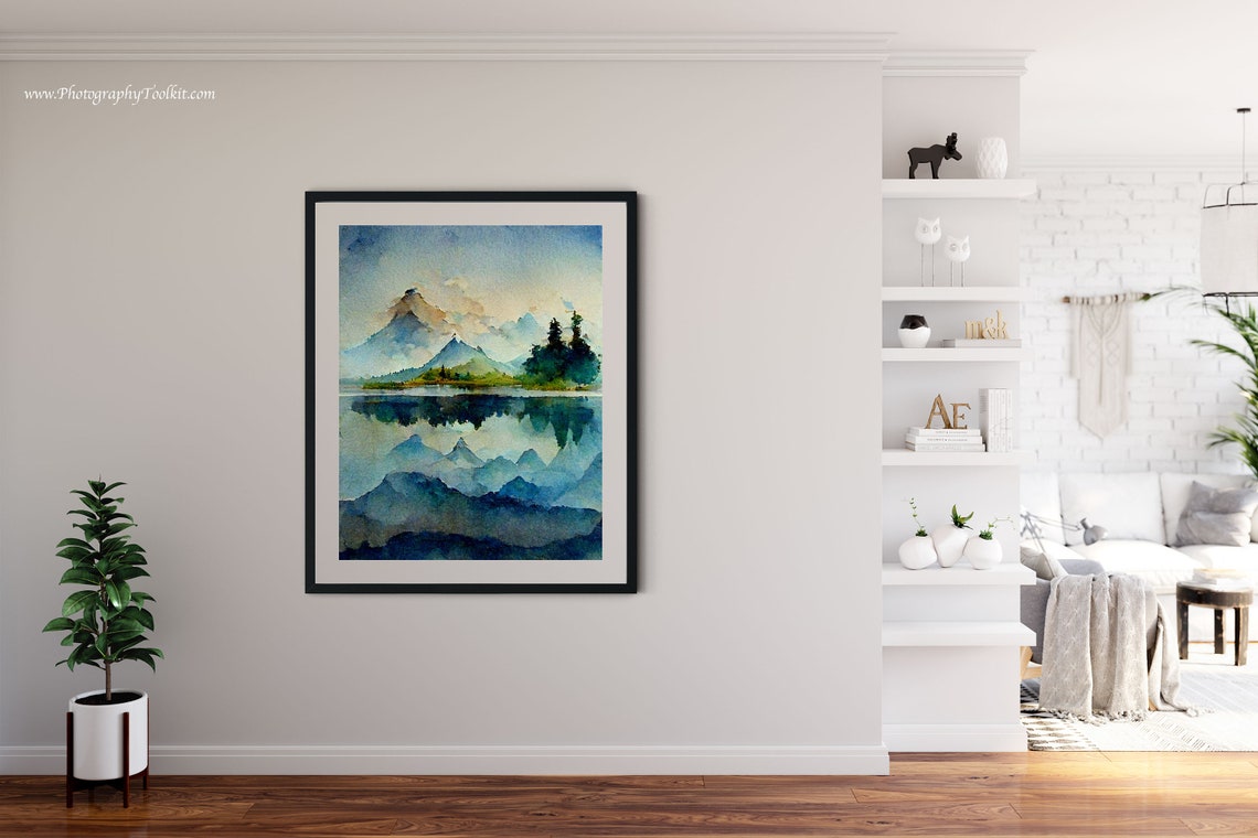 Blue Mountain Peaks and Pines Reflected in a Lake Watercolor Poster - Image 4