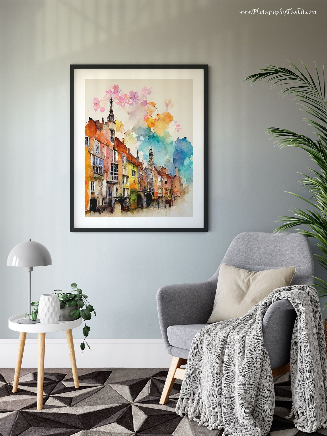 Bruges Belgium Canal Houses Spires Pink Blossom Watercolor Poster - Image 6