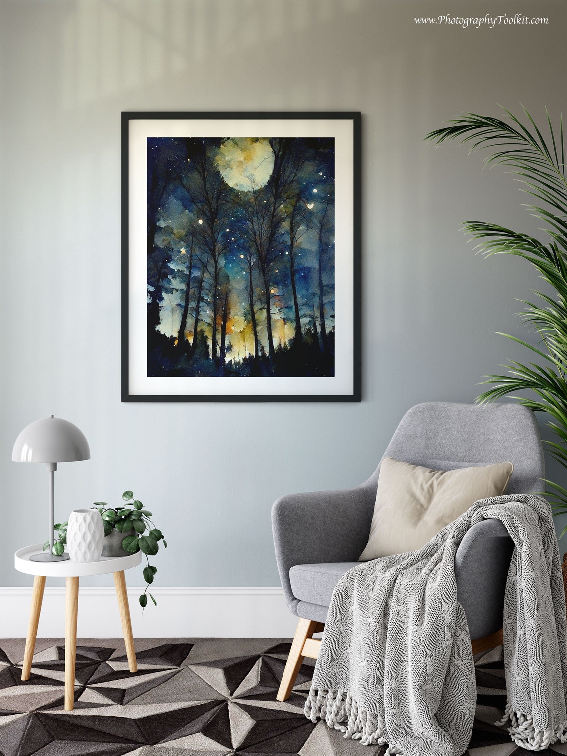 Full Moon Night Sky Watercolor Starry Forest Silhouette Dream Poster - Image 6