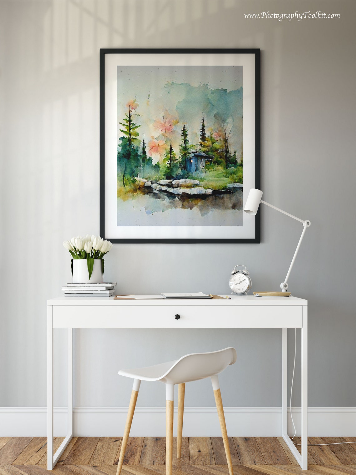 Misty Pine Forest Lake With Cabin Watercolor Landscape Poster - Image 4
