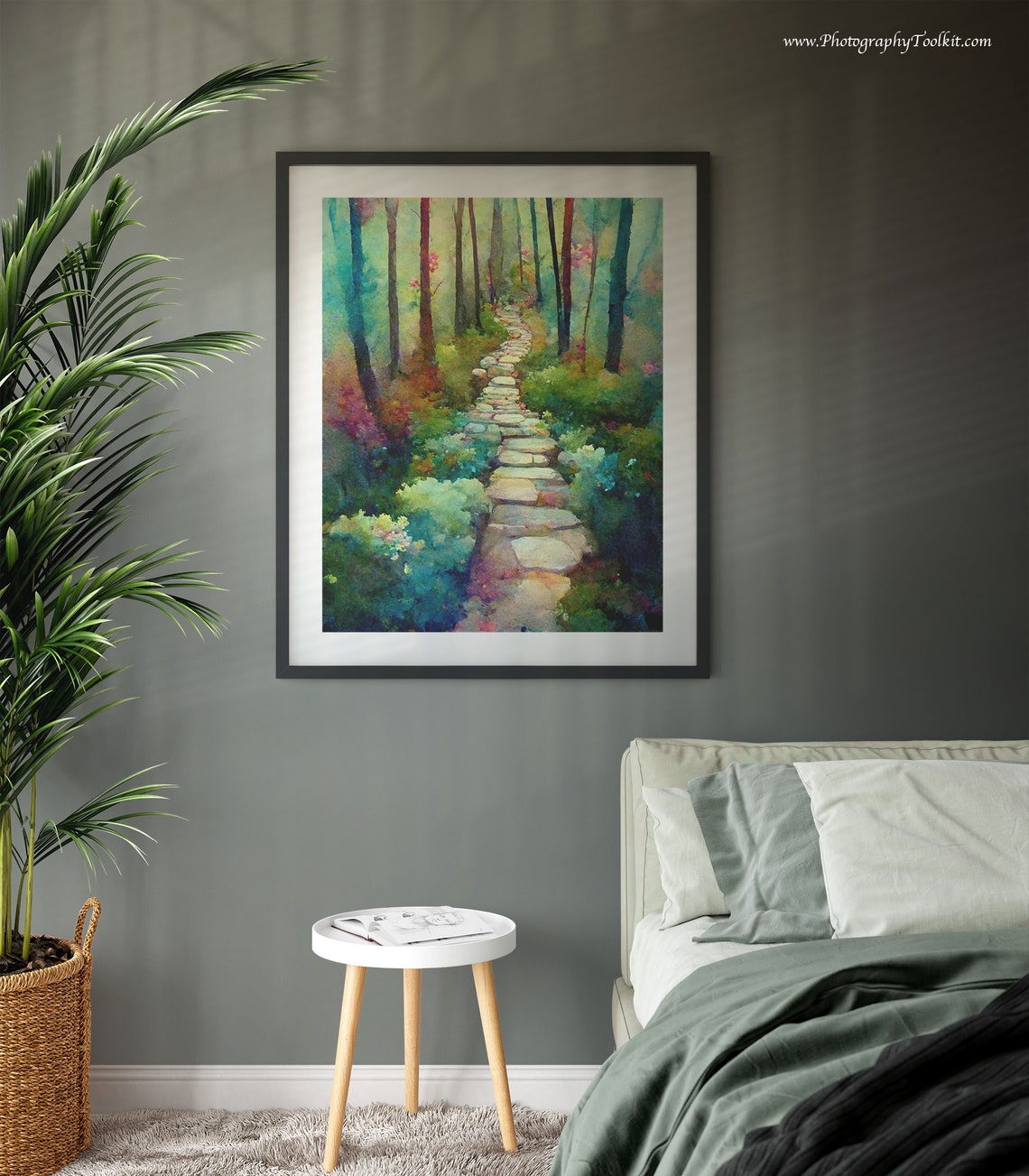 Enchanted Forest Stone Path Watercolor Colorful Trees Garden Poster - Image 3