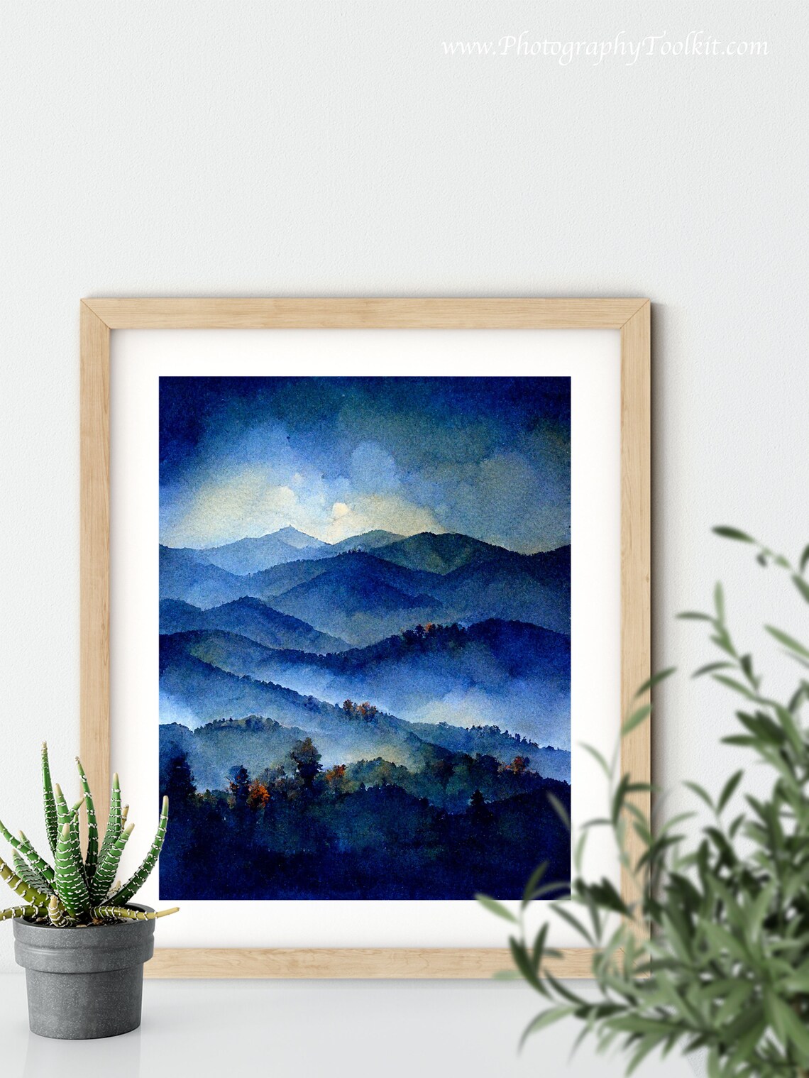 Misty Blue Mountain Peaks Watercolor Soft Light Over Foggy Art Poster - Image 5