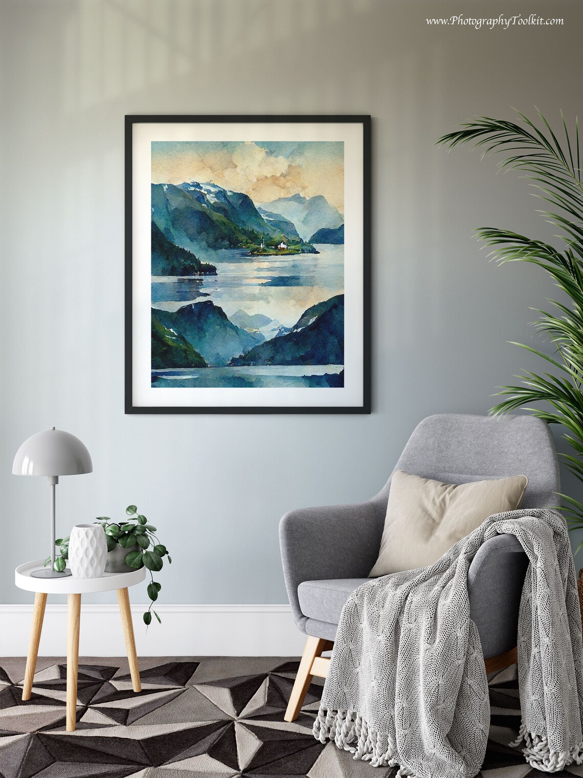 Norwegian Fjord Snow Peaks Village Watercolor Mountain Lake Poster - Image 6