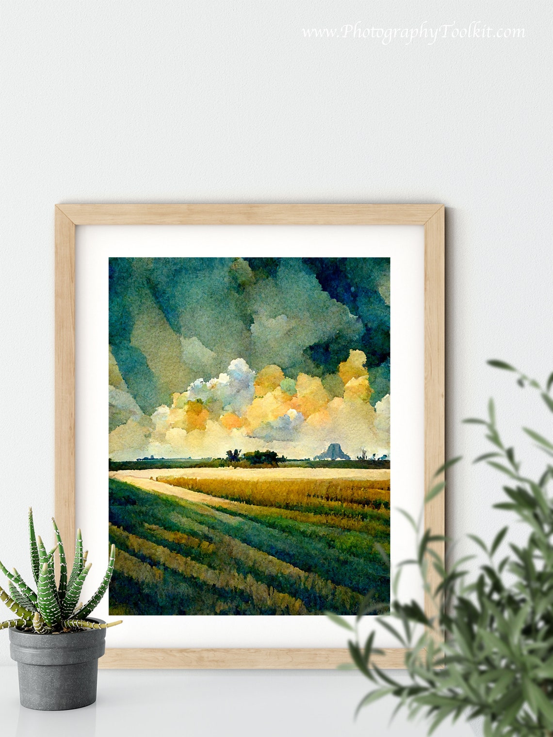 Golden Field Dramatic Golden Clouds Watercolor Landscape Poster - Image 5