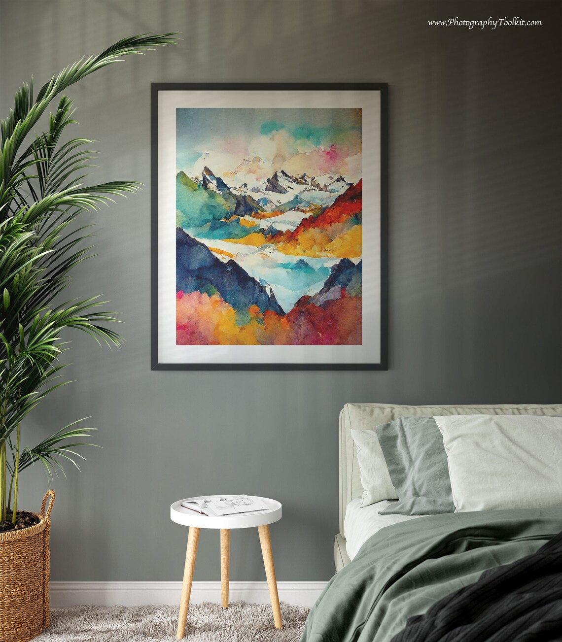 Snowy Mountain Peaks Autumn Colors Vibrant Watercolor Nature Poster - Image 3