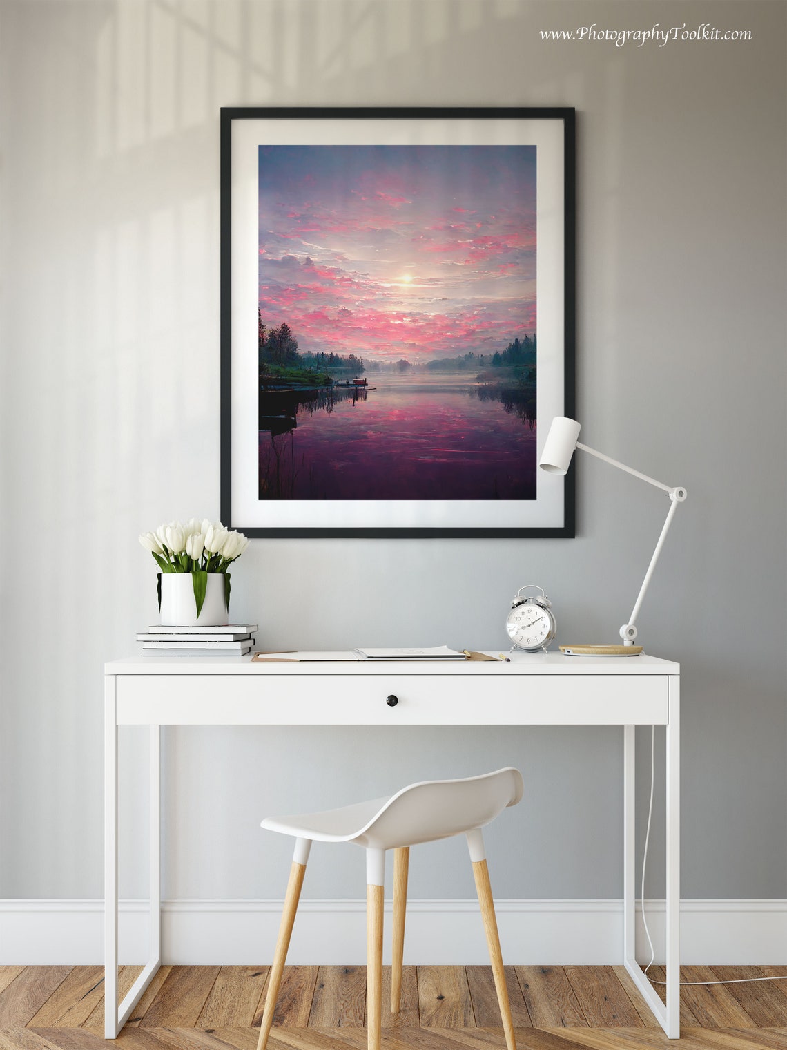 Pink Sunset Lake Dock Reflection Serene Nature Landscape Poster - Image 2