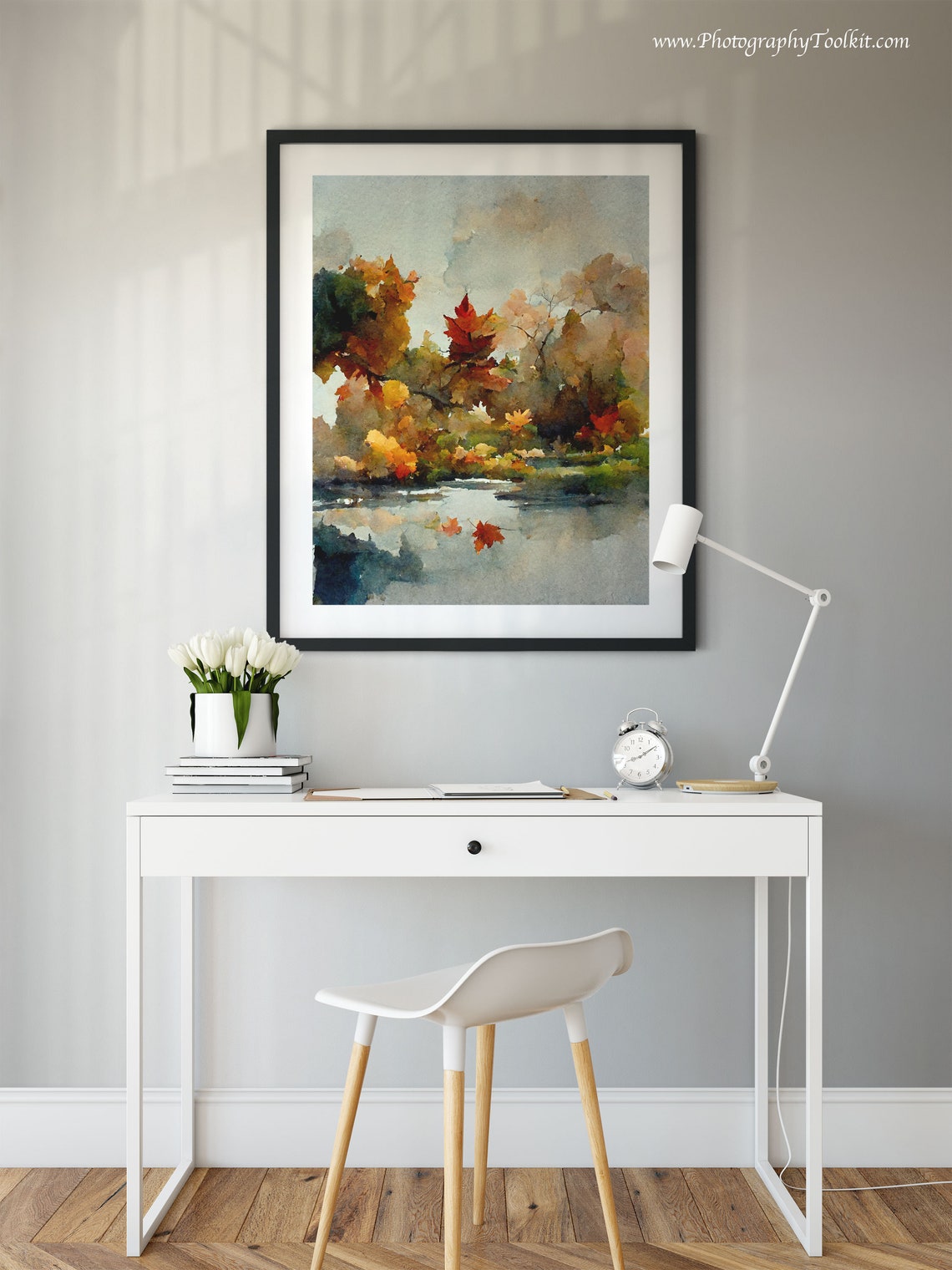 Autumn Maple Tree Watercolor Print Fall Leaves Lake Reflection Art - Image 2