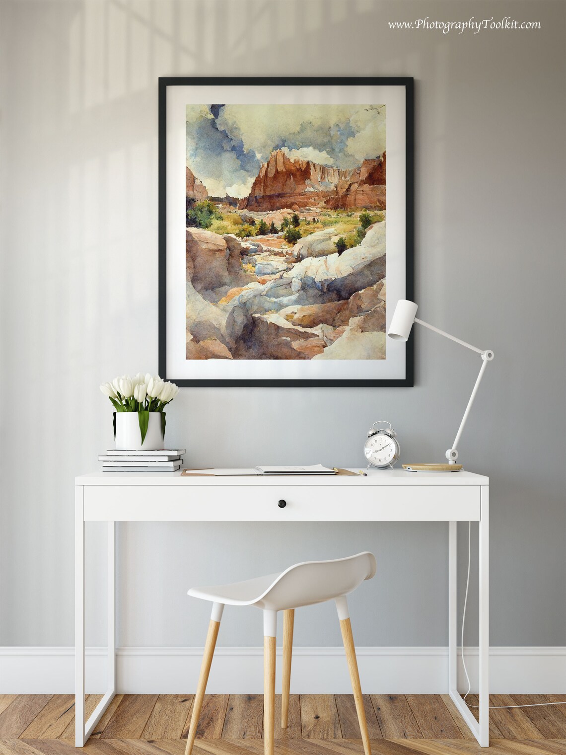 Capitol Reef Watercolor Rocky Stream Red Cliffs Cloudy Sky Desert Print - Image 2