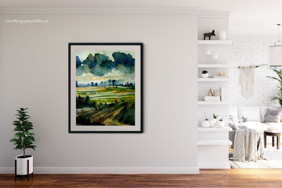 Green Fields Dark Storm Clouds Watercolor Rural Landscape Poster - Image 4