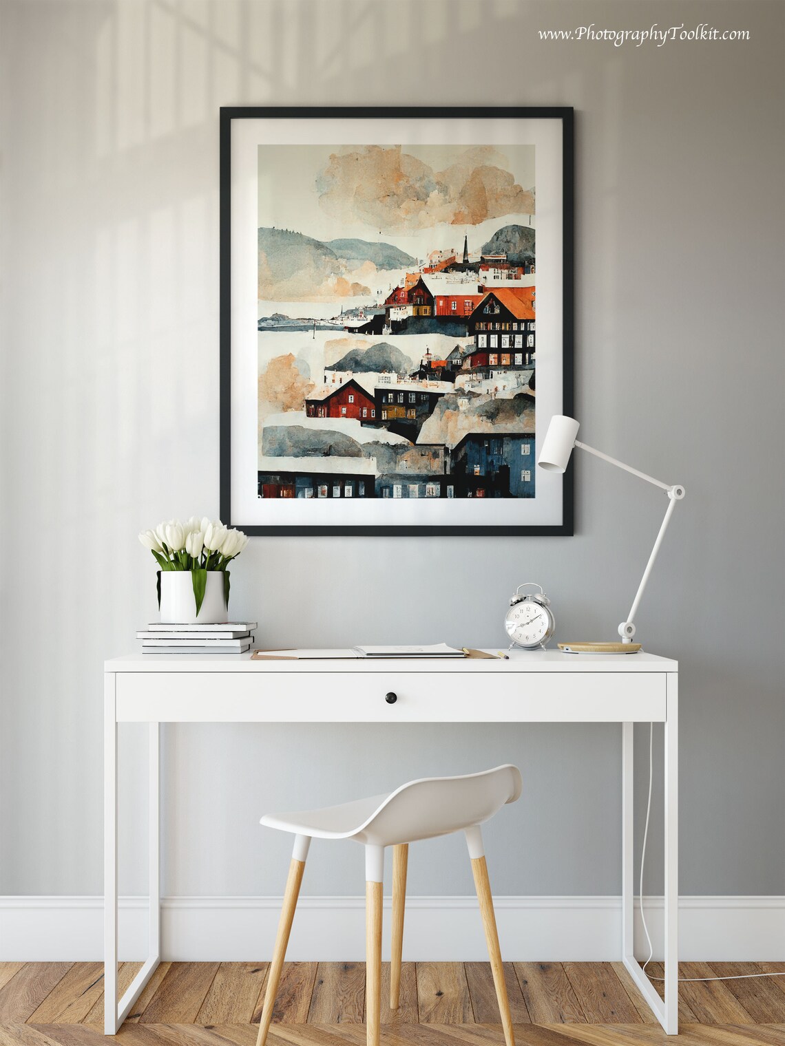 Bergen Norway Harbor Snowy Red Houses Watercolor Travel Poster - Image 2