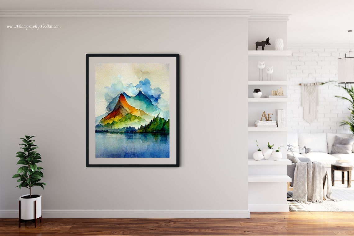 Colorful Rainbow Mountain Peaks Above a Calm Lake Watercolor Poster - Image 4